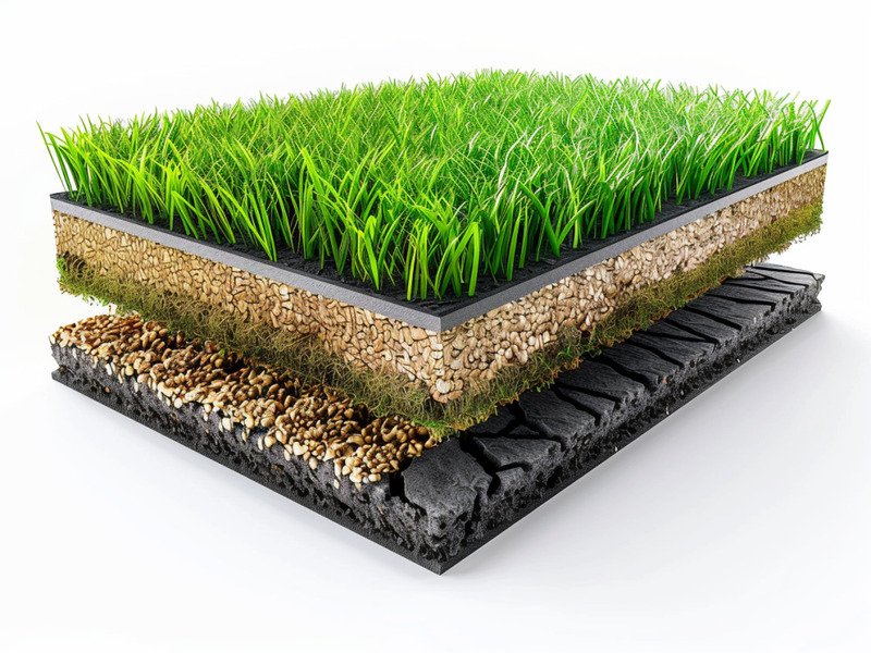 A detailed cross-section diagram of turf flooring showing the blades, thatch, backing, and infill layers